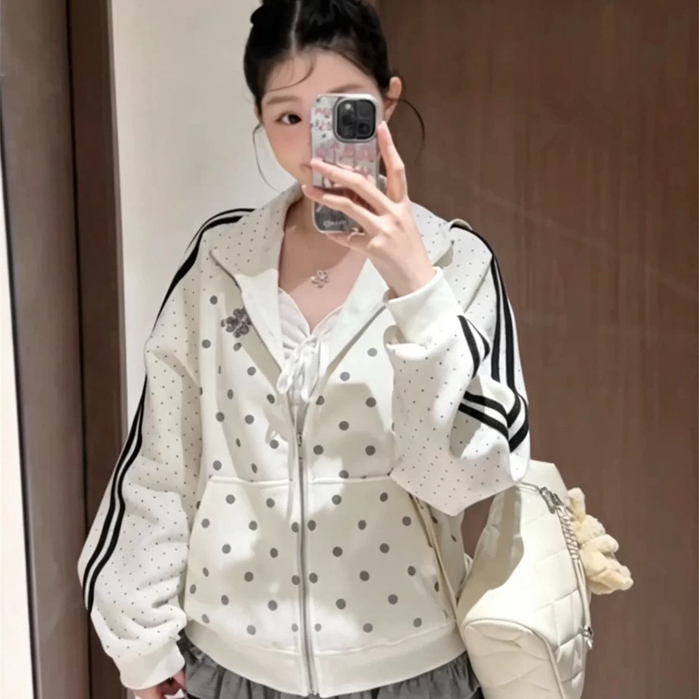 한 부서 도트 무늬 여성 코트 가을 새로운 oversize 작은 대중 스탠드 칼라 루즈핏 야구 유니폼 캐주얼 운동 재킷 이미지 3