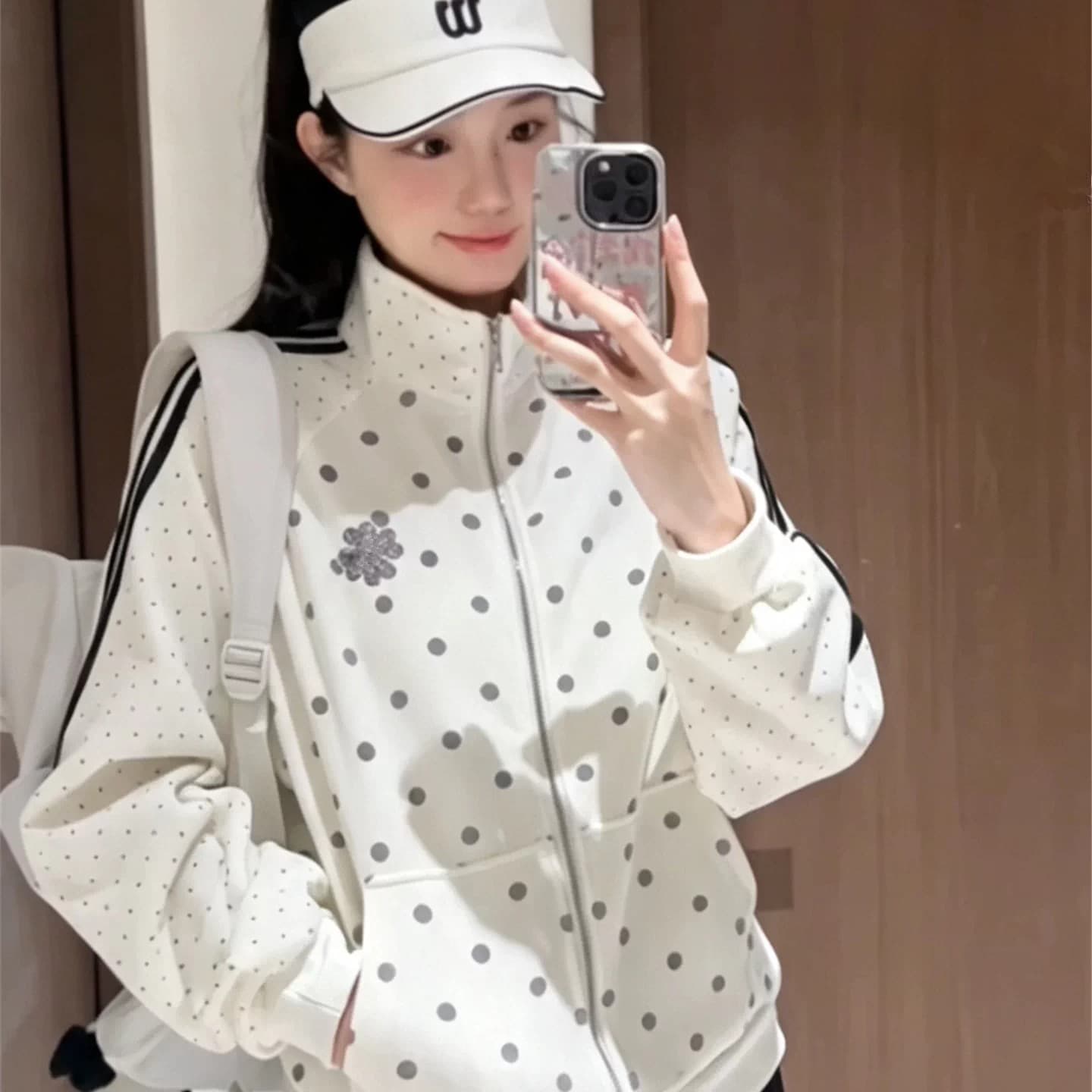 한 부서 도트 무늬 여성 코트 가을 새로운 oversize 작은 대중 스탠드 칼라 루즈핏 야구 유니폼 캐주얼 운동 재킷