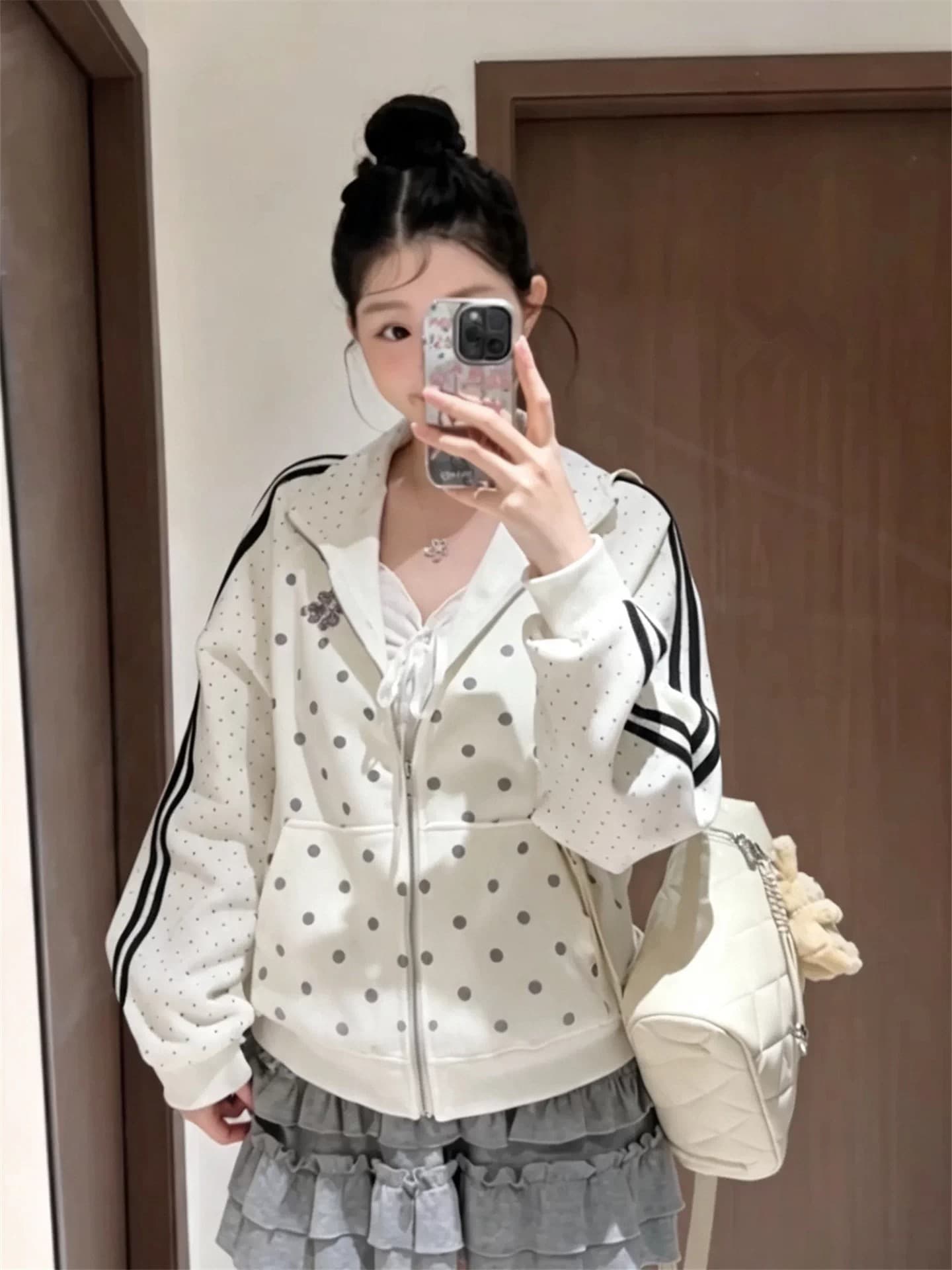 한 부서 도트 무늬 여성 코트 가을 새로운 oversize 작은 대중 스탠드 칼라 루즈핏 야구 유니폼 캐주얼 운동 재킷 상세 이미지 2