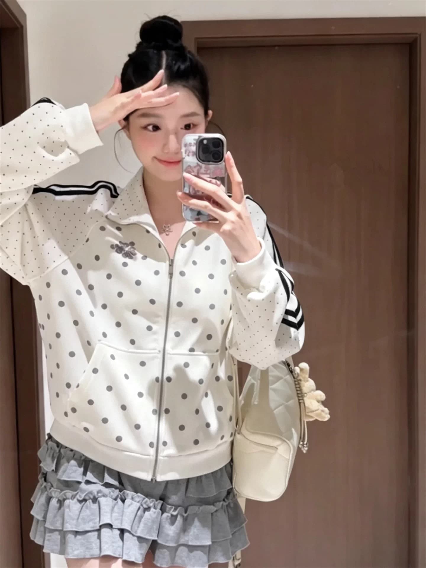 한 부서 도트 무늬 여성 코트 가을 새로운 oversize 작은 대중 스탠드 칼라 루즈핏 야구 유니폼 캐주얼 운동 재킷 상세 이미지 3