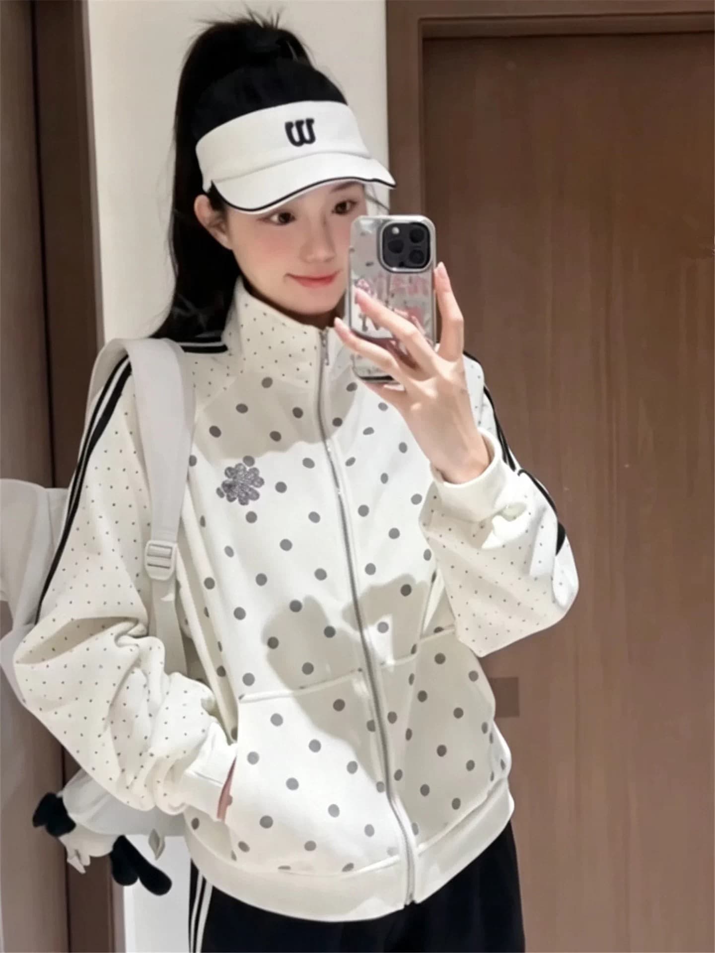 한 부서 도트 무늬 여성 코트 가을 새로운 oversize 작은 대중 스탠드 칼라 루즈핏 야구 유니폼 캐주얼 운동 재킷 상세 이미지 6