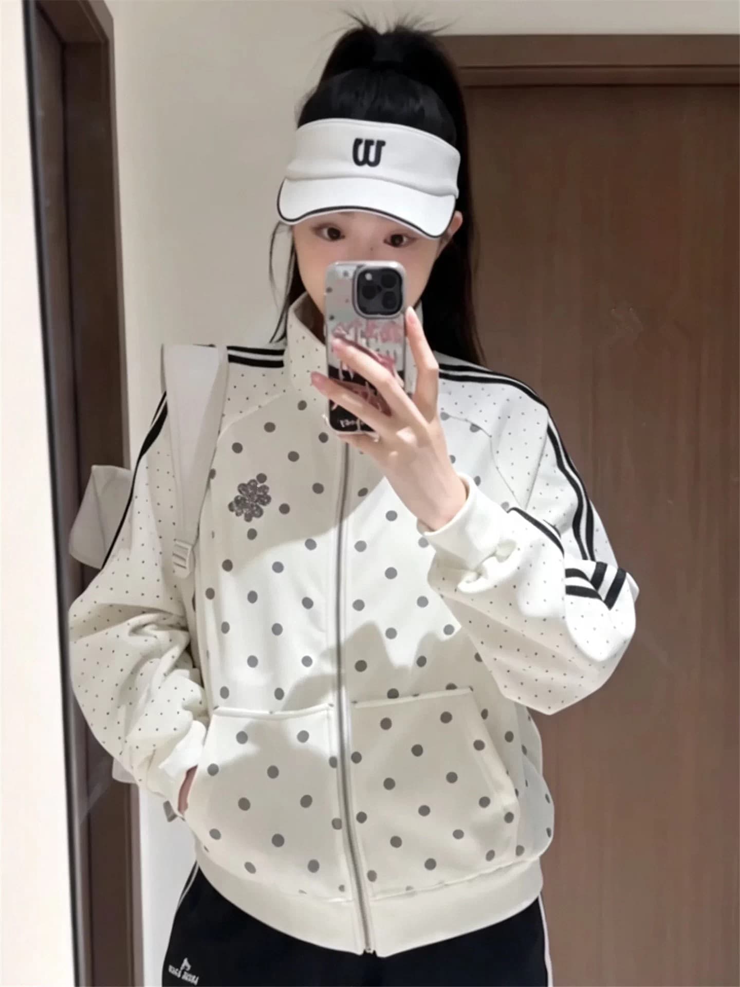 한 부서 도트 무늬 여성 코트 가을 새로운 oversize 작은 대중 스탠드 칼라 루즈핏 야구 유니폼 캐주얼 운동 재킷 상세 이미지 7