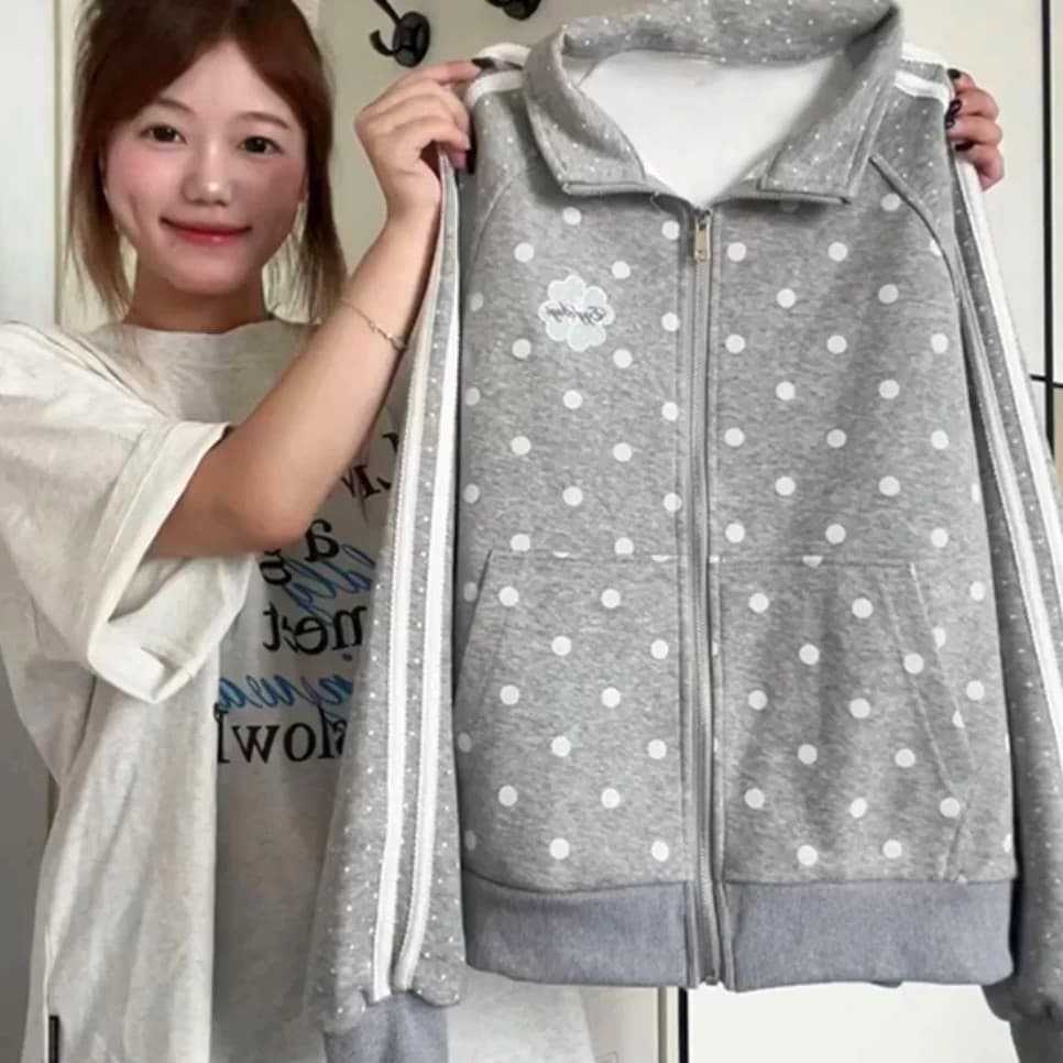 한 부서 도트 무늬 여성 코트 가을 새로운 oversize 작은 대중 스탠드 칼라 루즈핏 야구 유니폼 캐주얼 운동 재킷
