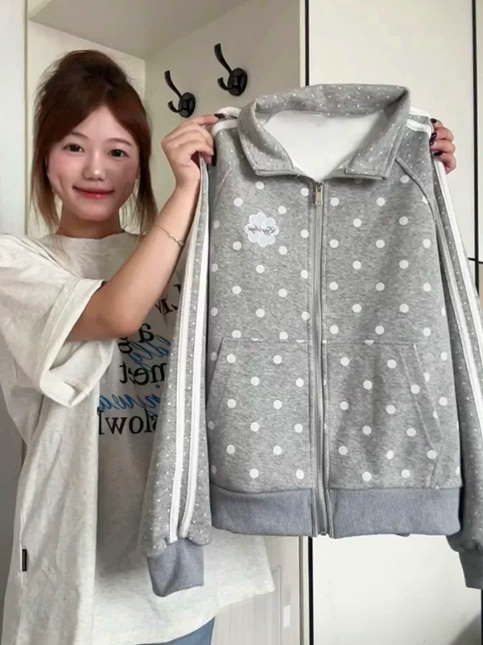 한 부서 도트 무늬 여성 코트 가을 새로운 oversize 작은 대중 스탠드 칼라 루즈핏 야구 유니폼 캐주얼 운동 재킷 상세 이미지 1
