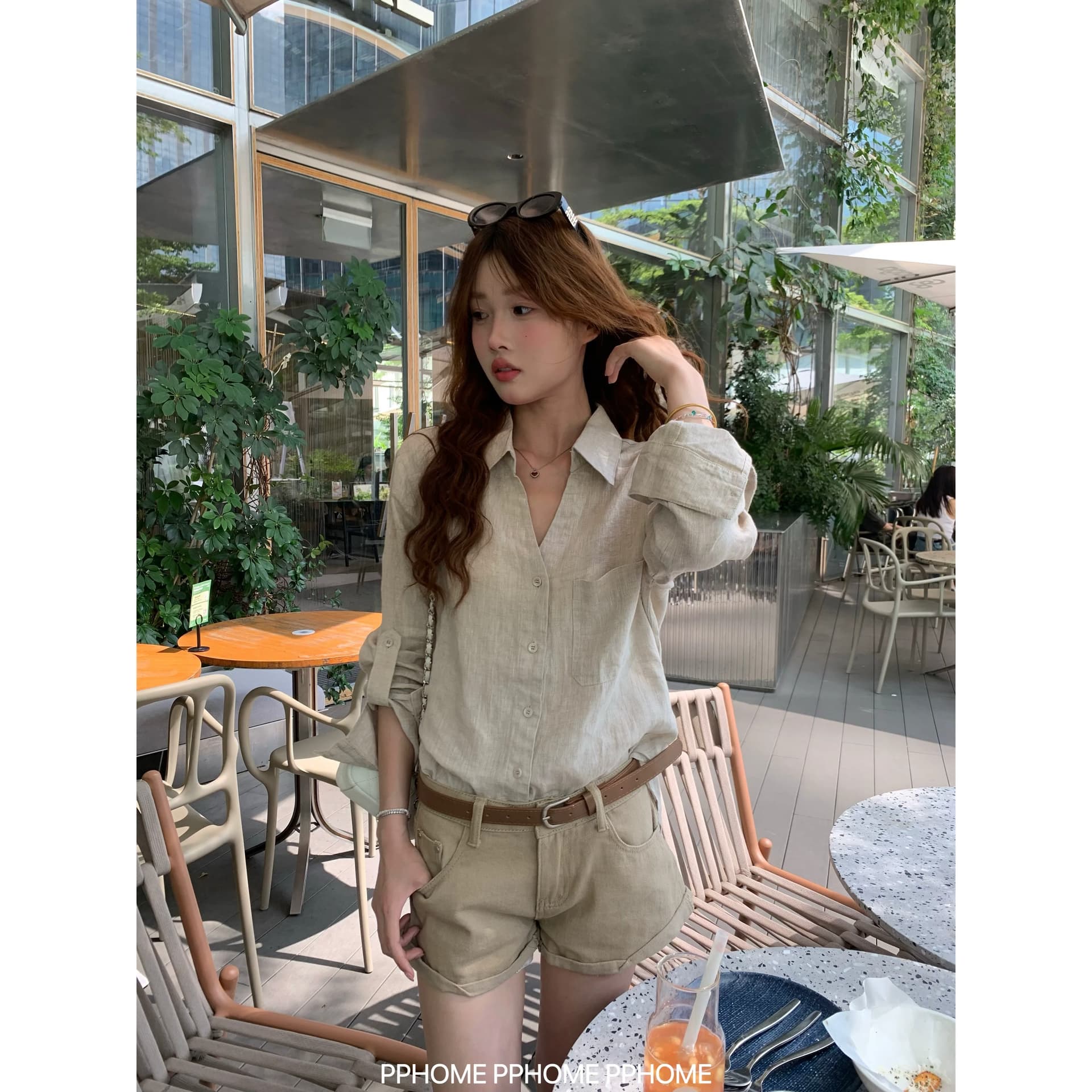 오래된 돈 V넥 느슨함 센스 넓은 에디션 아마 긴팔 셔츠 원본 마 자외선 차단 셔츠 이미지 2