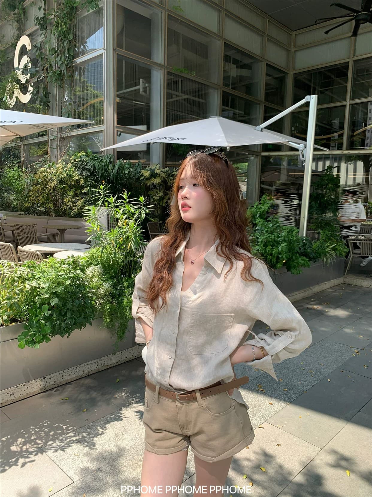 오래된 돈 V넥 느슨함 센스 넓은 에디션 아마 긴팔 셔츠 원본 마 자외선 차단 셔츠 상세 이미지 1