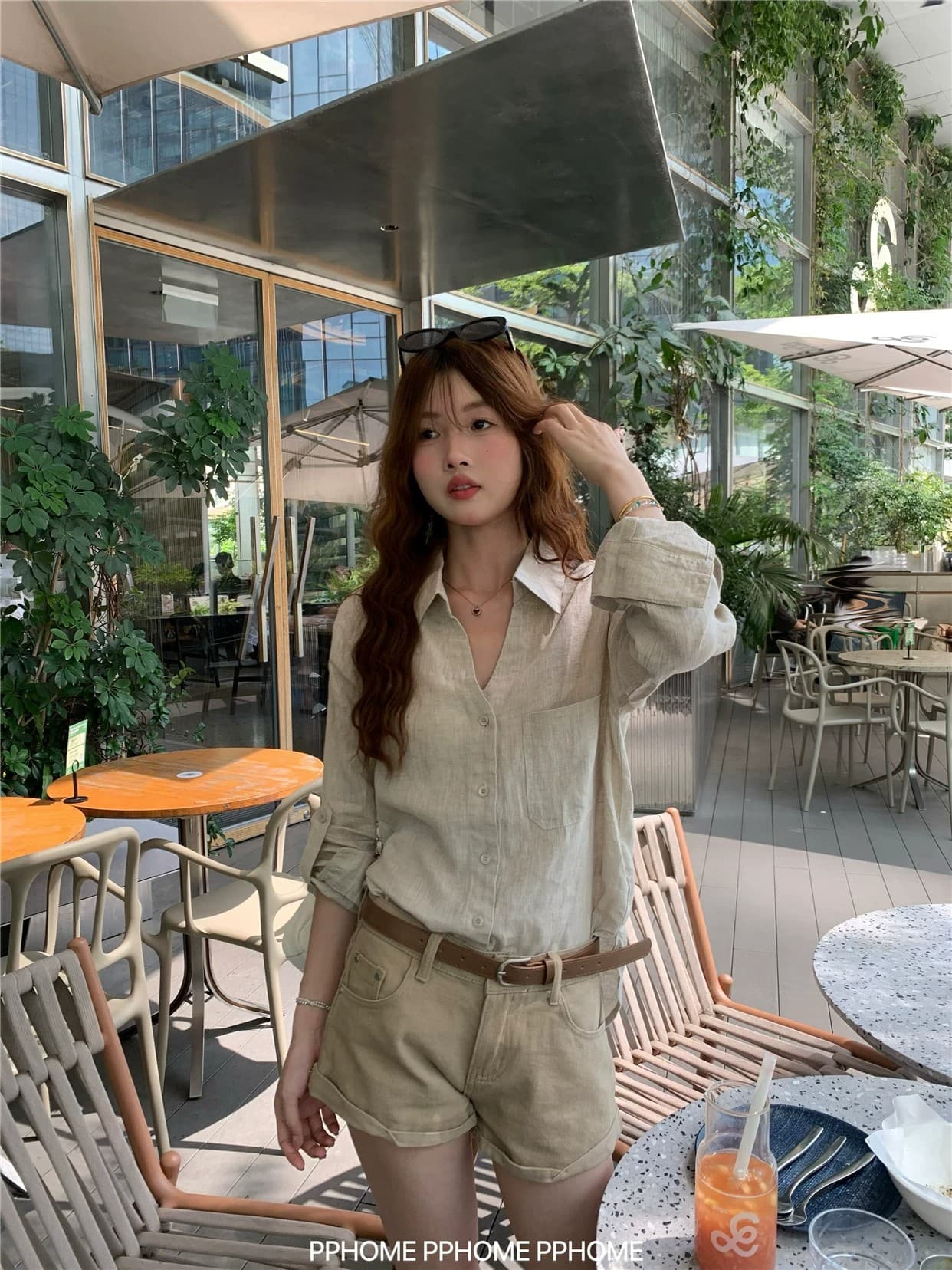 오래된 돈 V넥 느슨함 센스 넓은 에디션 아마 긴팔 셔츠 원본 마 자외선 차단 셔츠 상세 이미지 3