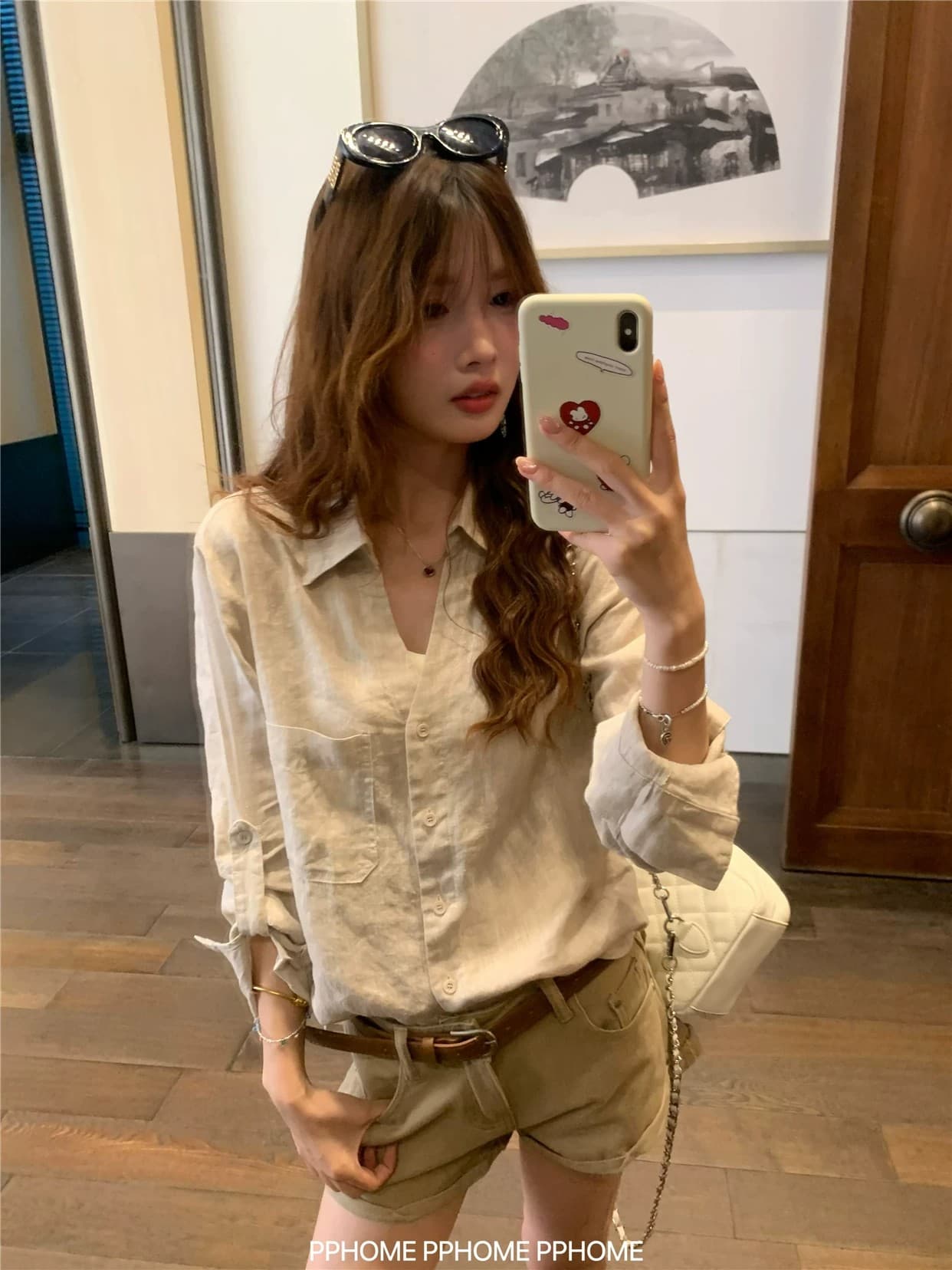 오래된 돈 V넥 느슨함 센스 넓은 에디션 아마 긴팔 셔츠 원본 마 자외선 차단 셔츠 상세 이미지 5