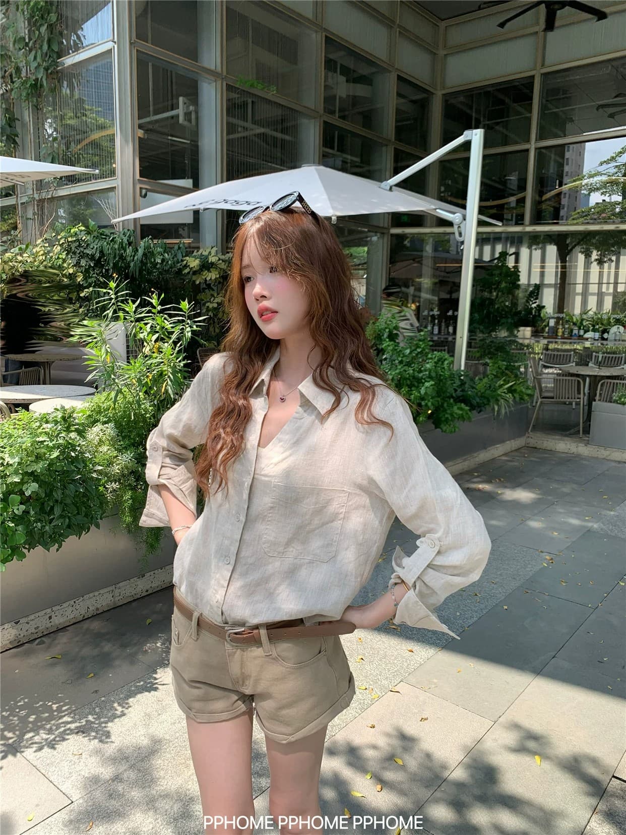 오래된 돈 V넥 느슨함 센스 넓은 에디션 아마 긴팔 셔츠 원본 마 자외선 차단 셔츠 상세 이미지 6
