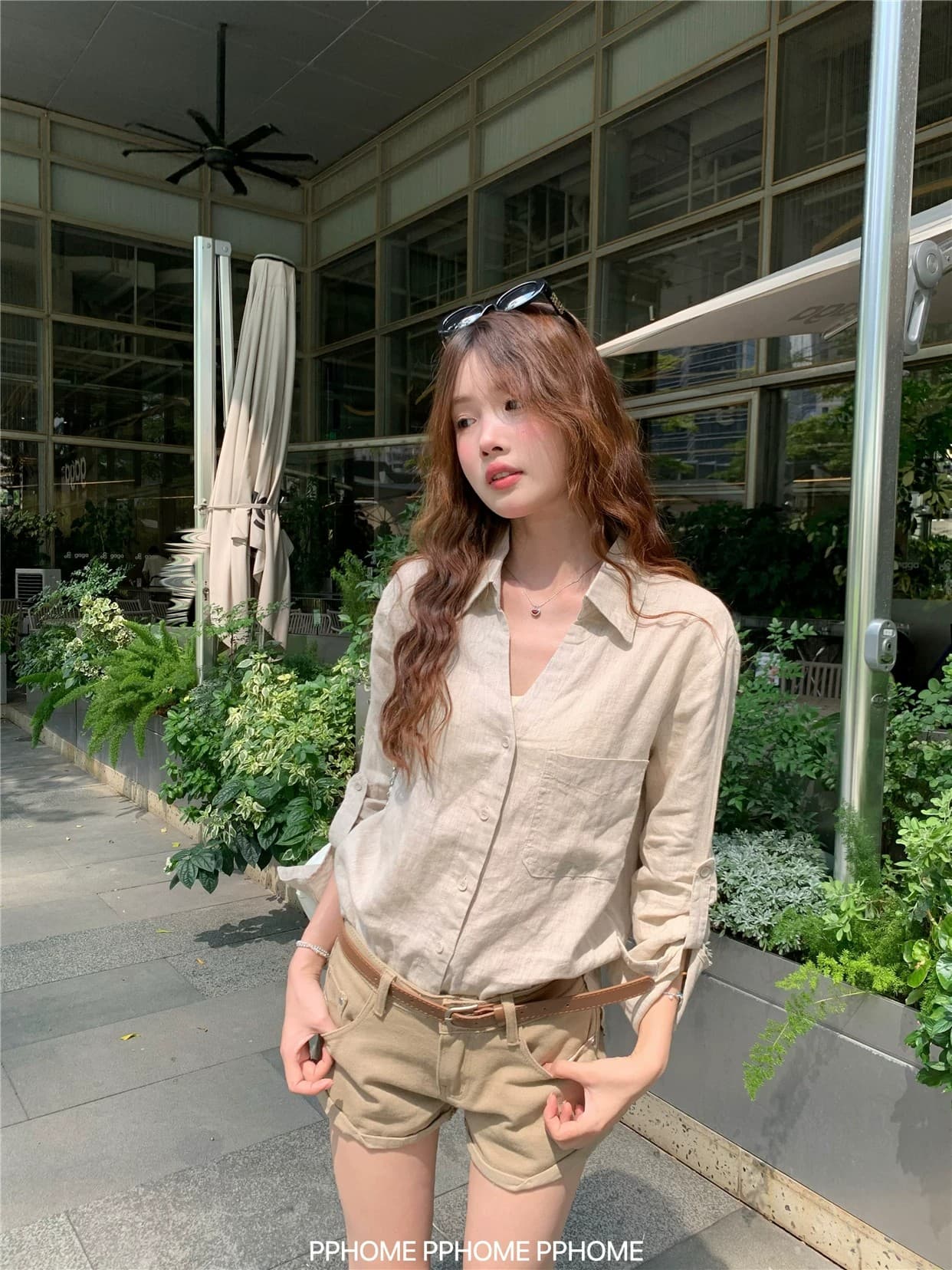 오래된 돈 V넥 느슨함 센스 넓은 에디션 아마 긴팔 셔츠 원본 마 자외선 차단 셔츠 상세 이미지 7