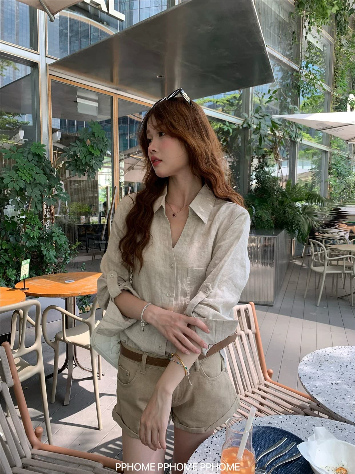 오래된 돈 V넥 느슨함 센스 넓은 에디션 아마 긴팔 셔츠 원본 마 자외선 차단 셔츠 상세 이미지 8