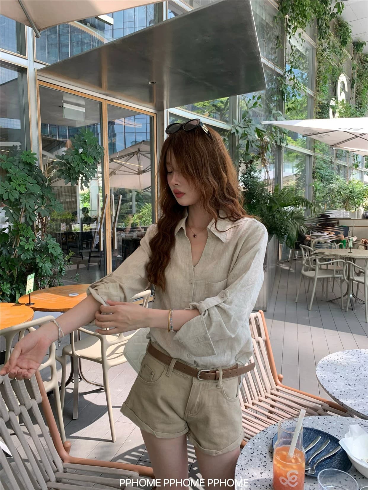 오래된 돈 V넥 느슨함 센스 넓은 에디션 아마 긴팔 셔츠 원본 마 자외선 차단 셔츠 상세 이미지 9