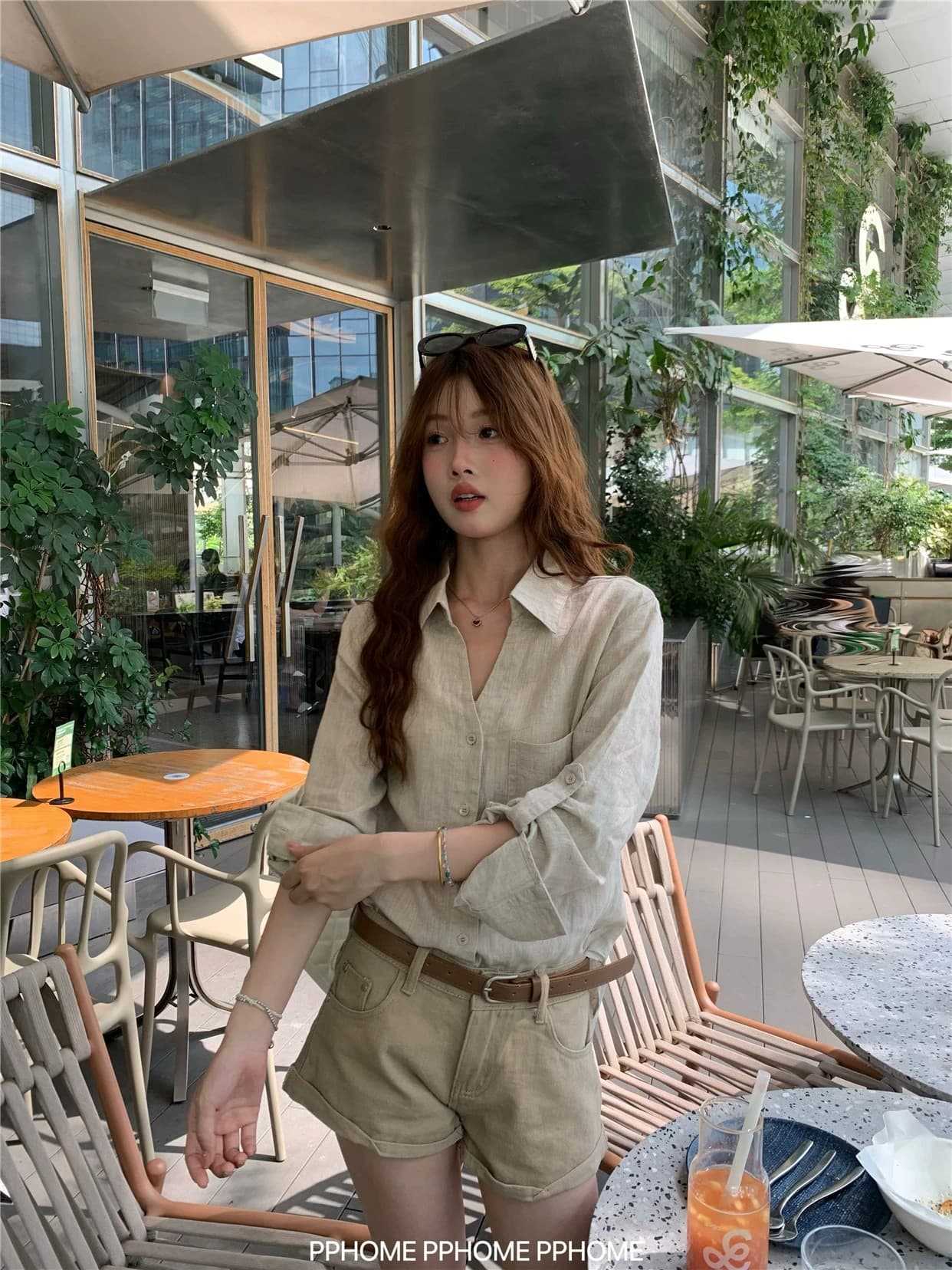 오래된 돈 V넥 느슨함 센스 넓은 에디션 아마 긴팔 셔츠 원본 마 자외선 차단 셔츠 상세 이미지 12
