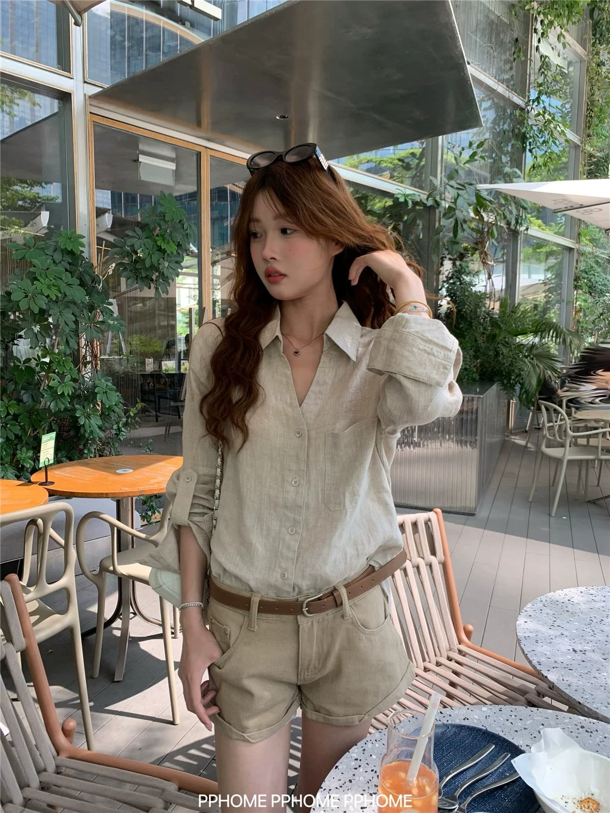 오래된 돈 V넥 느슨함 센스 넓은 에디션 아마 긴팔 셔츠 원본 마 자외선 차단 셔츠 상세 이미지 13