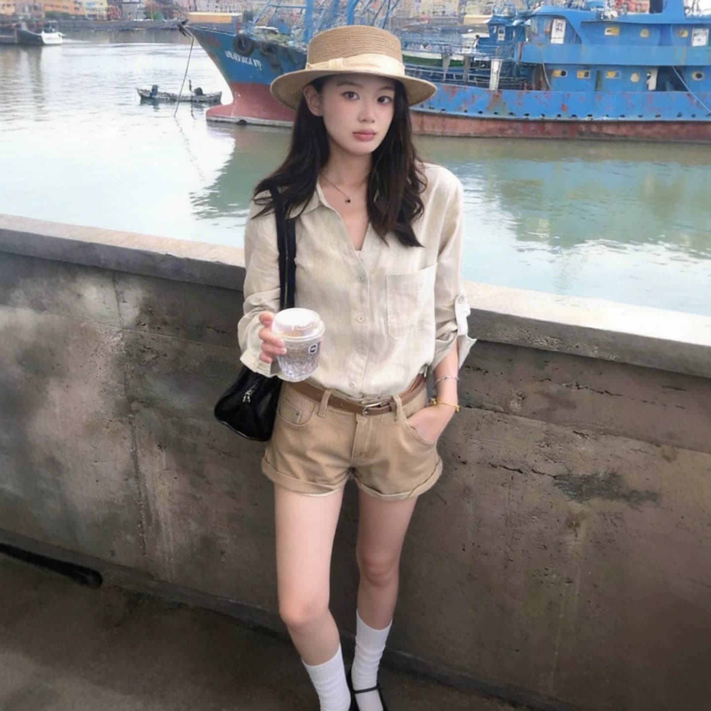 오래된 돈 V넥 느슨함 센스 넓은 에디션 아마 긴팔 셔츠 원본 마 자외선 차단 셔츠 이미지 2