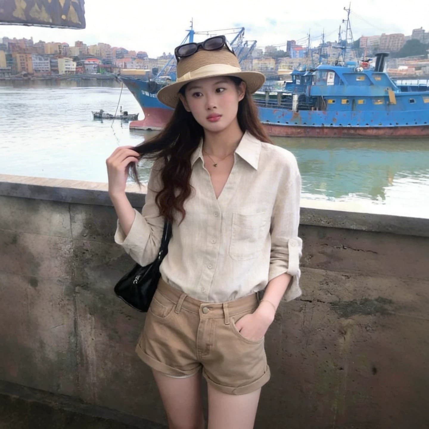 오래된 돈 V넥 느슨함 센스 넓은 에디션 아마 긴팔 셔츠 원본 마 자외선 차단 셔츠 상세 이미지 1