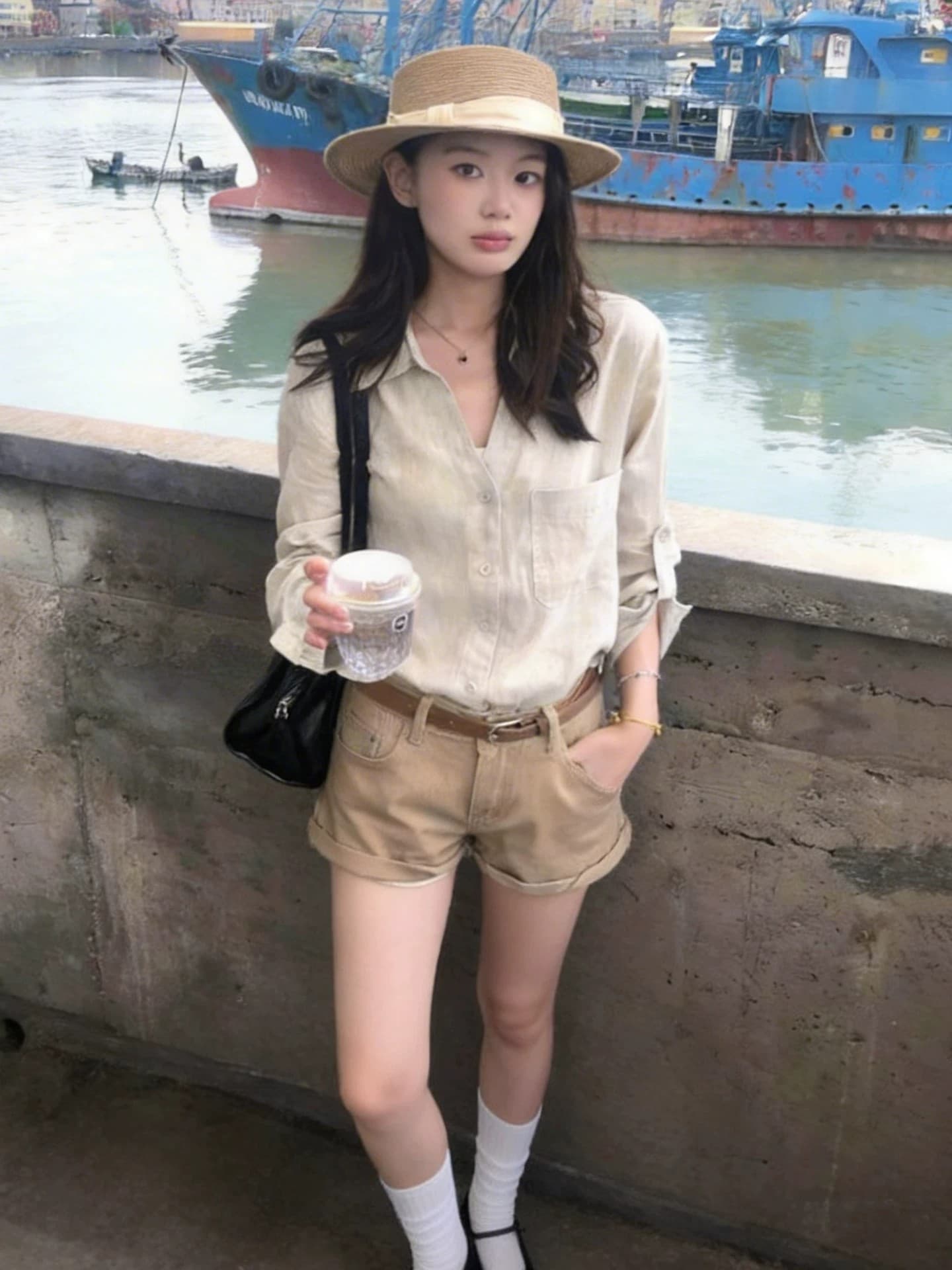 오래된 돈 V넥 느슨함 센스 넓은 에디션 아마 긴팔 셔츠 원본 마 자외선 차단 셔츠 상세 이미지 3