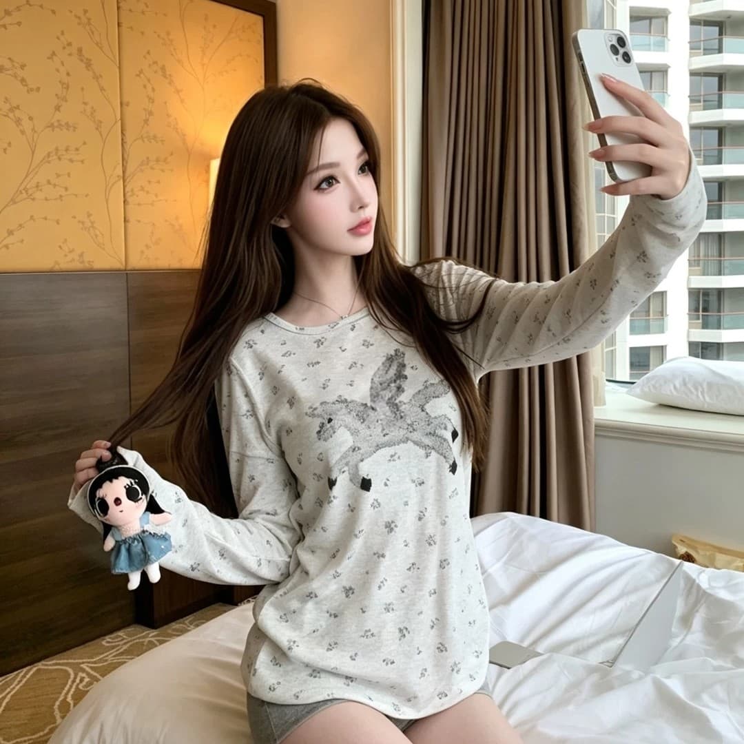 캡처 꿈 유니콘 전체 인쇄 작은 꽃무늬 구덩이 기사 질감 센스 캐주얼 라운드 넥 긴팔 티셔츠 이미지 3