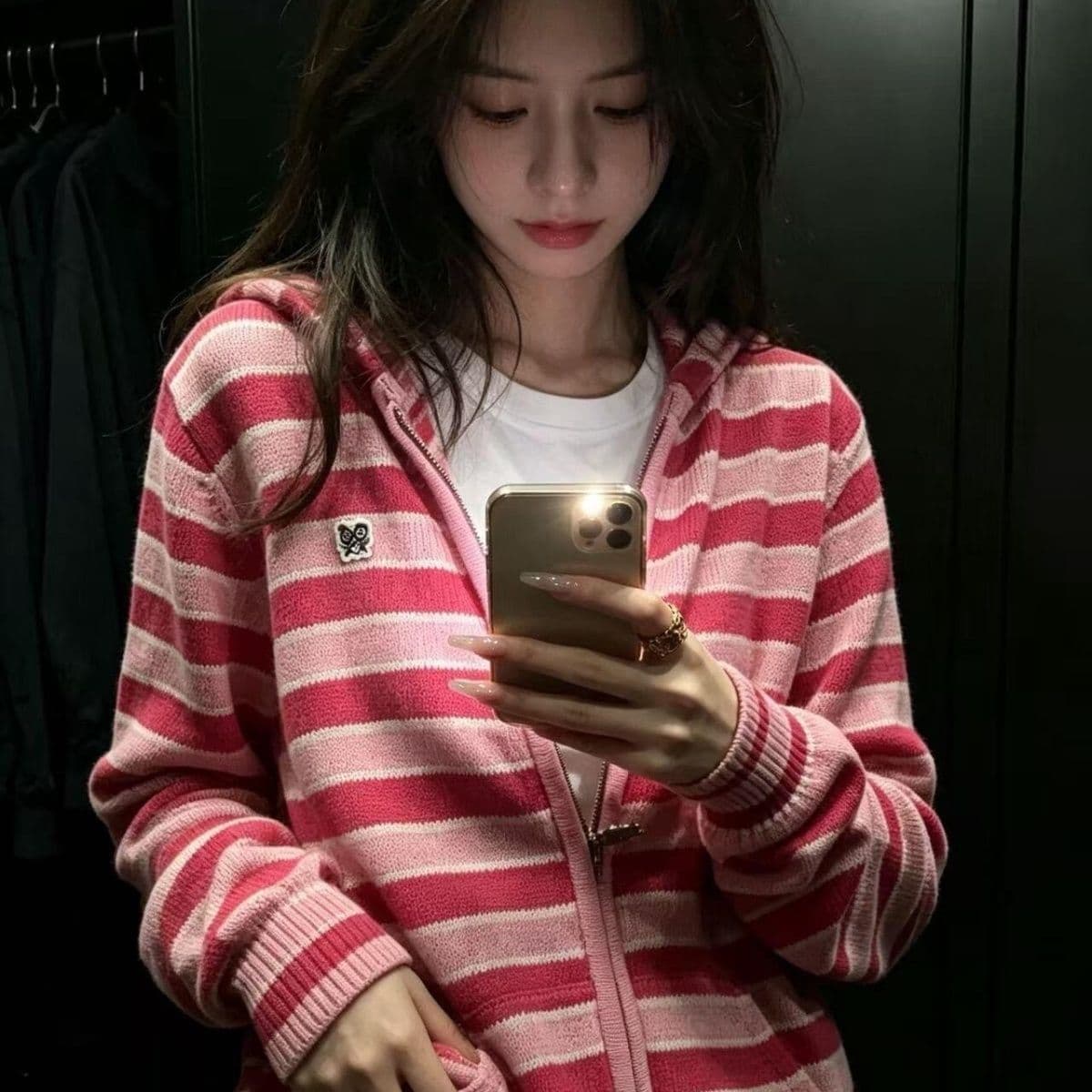 높음 세트 에디션 urban 경기 사람들 봄 가을 레트로 배색 스트라이프 니트 스웨터 지퍼 후드 오픈 가디건 여성 코트 상세 이미지 2
