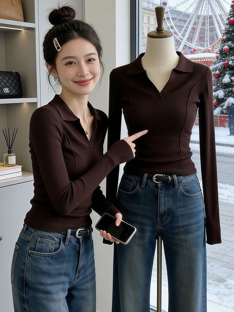 봄 가을 새로운 그레이트 과소 평가 요리 한 바람 맨위 고급 센스 고유 한 Chic 아름다운 슬림해 보이는 POLO 셔츠 긴팔 티셔츠 상세 이미지 3