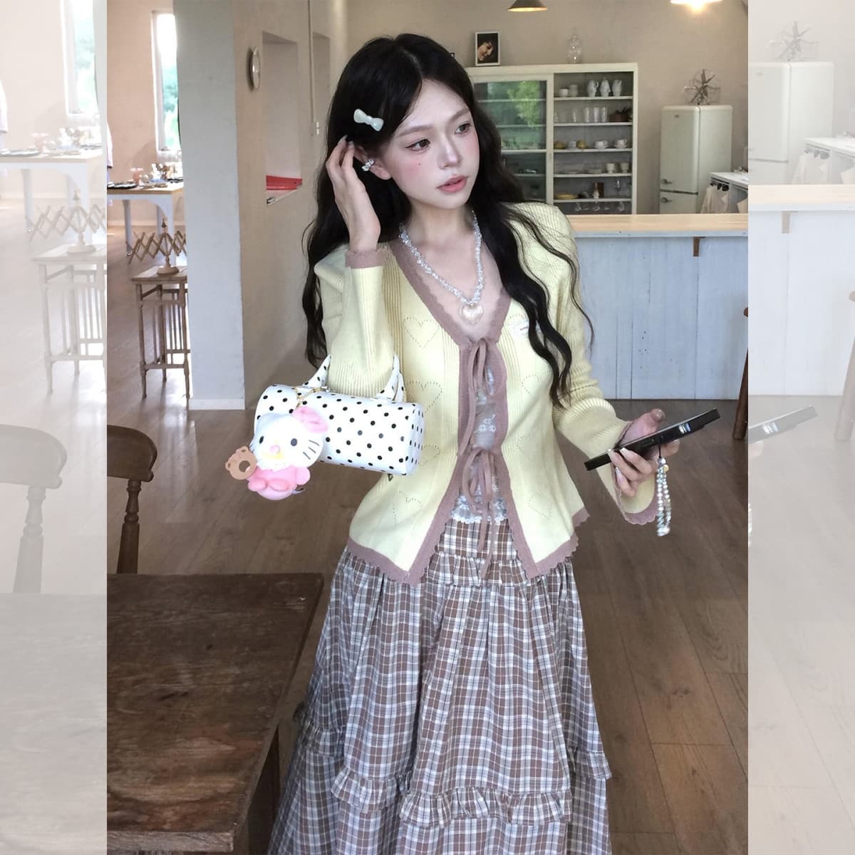 작은 키 황색 V넥 레이스업 얼음 실크 니트 오픈 가디건 여성 이른 가을 아름다운 자이언트 잘 생긴 ~ 중 쇼트 스타일 싱글 착용 맨위