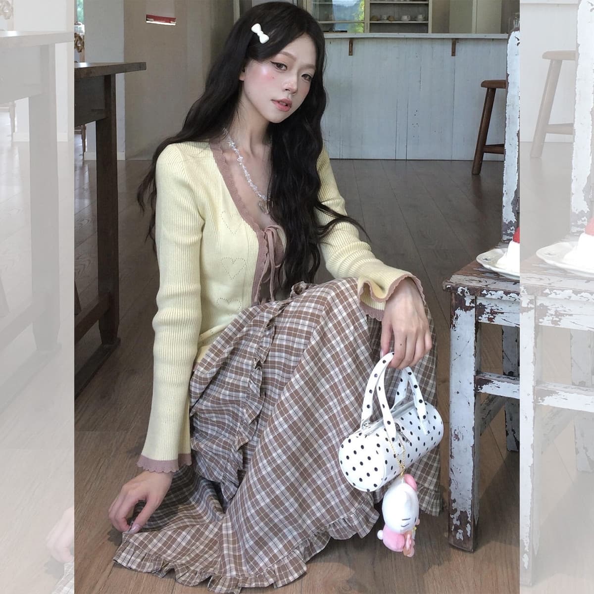 작은 키 황색 V넥 레이스업 얼음 실크 니트 오픈 가디건 여성 이른 가을 아름다운 자이언트 잘 생긴 ~ 중 쇼트 스타일 싱글 착용 맨위 이미지 4