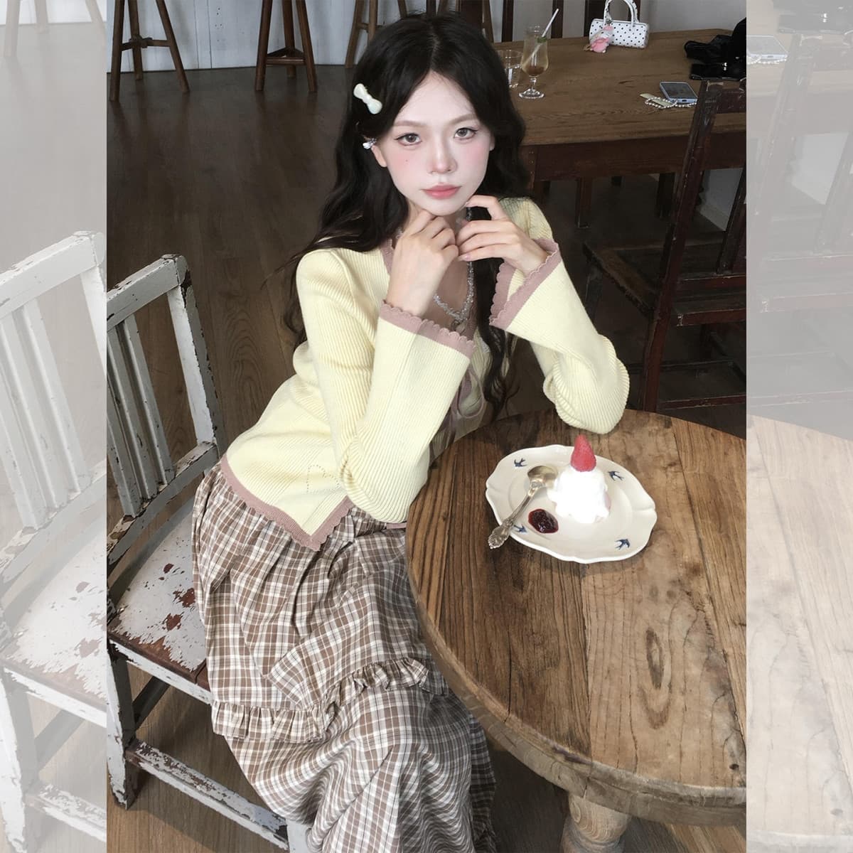 작은 키 황색 V넥 레이스업 얼음 실크 니트 오픈 가디건 여성 이른 가을 아름다운 자이언트 잘 생긴 ~ 중 쇼트 스타일 싱글 착용 맨위 이미지 2