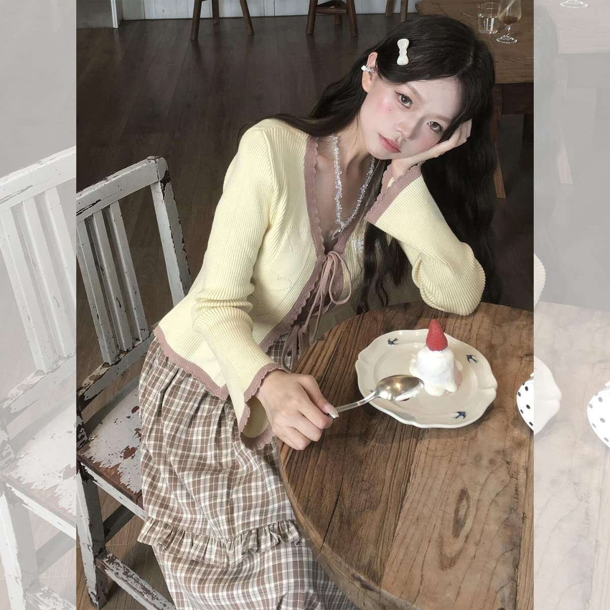 작은 키 황색 V넥 레이스업 얼음 실크 니트 오픈 가디건 여성 이른 가을 아름다운 자이언트 잘 생긴 ~ 중 쇼트 스타일 싱글 착용 맨위 이미지 5