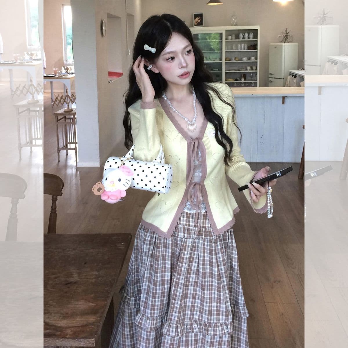 작은 키 황색 V넥 레이스업 얼음 실크 니트 오픈 가디건 여성 이른 가을 아름다운 자이언트 잘 생긴 ~ 중 쇼트 스타일 싱글 착용 맨위 상세 이미지 1