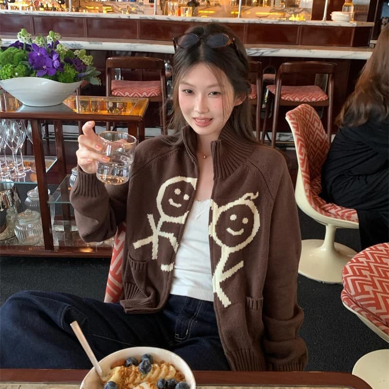 스탠드 칼라 경기 사람들 자카드 지퍼 스웨터 코트