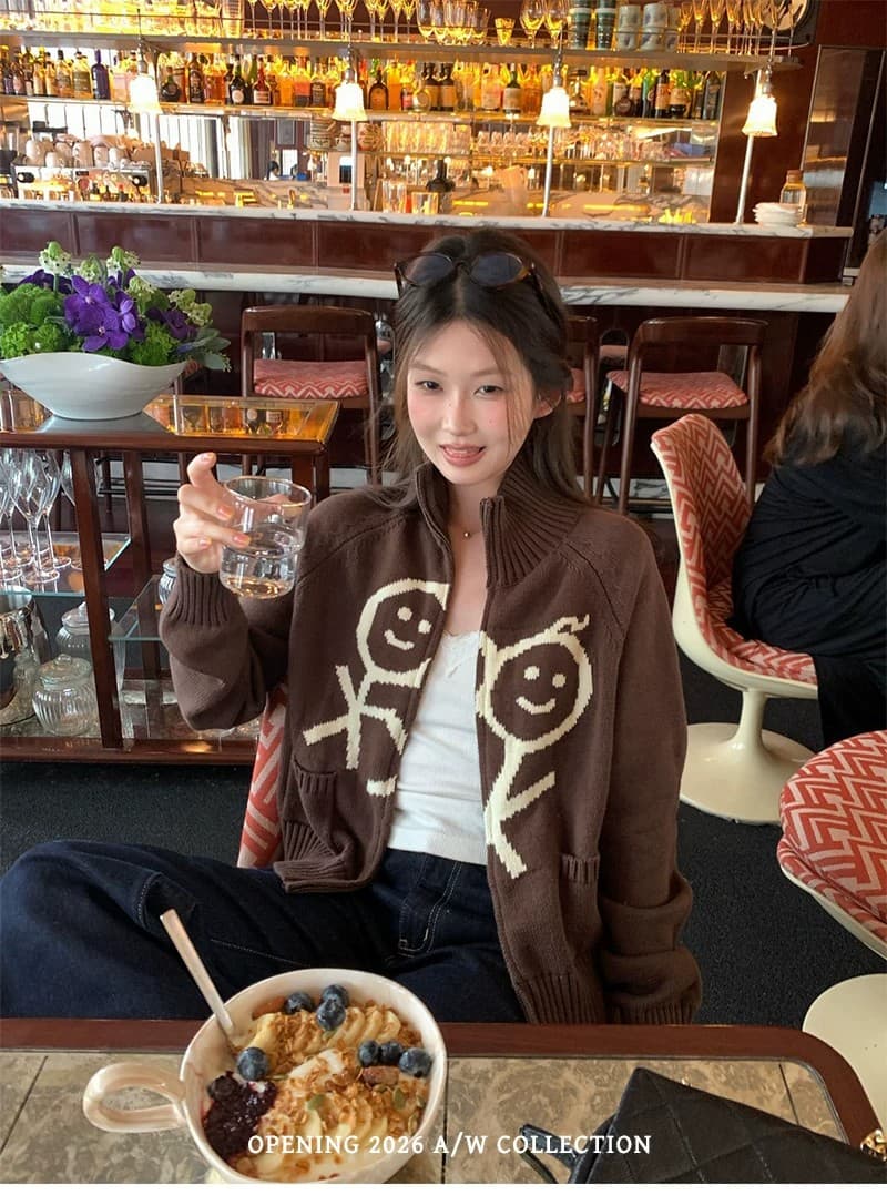 스탠드 칼라 경기 사람들 자카드 지퍼 스웨터 코트 상세 이미지 2