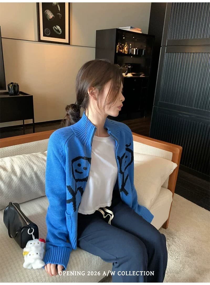 스탠드 칼라 경기 사람들 자카드 지퍼 스웨터 코트 상세 이미지 13