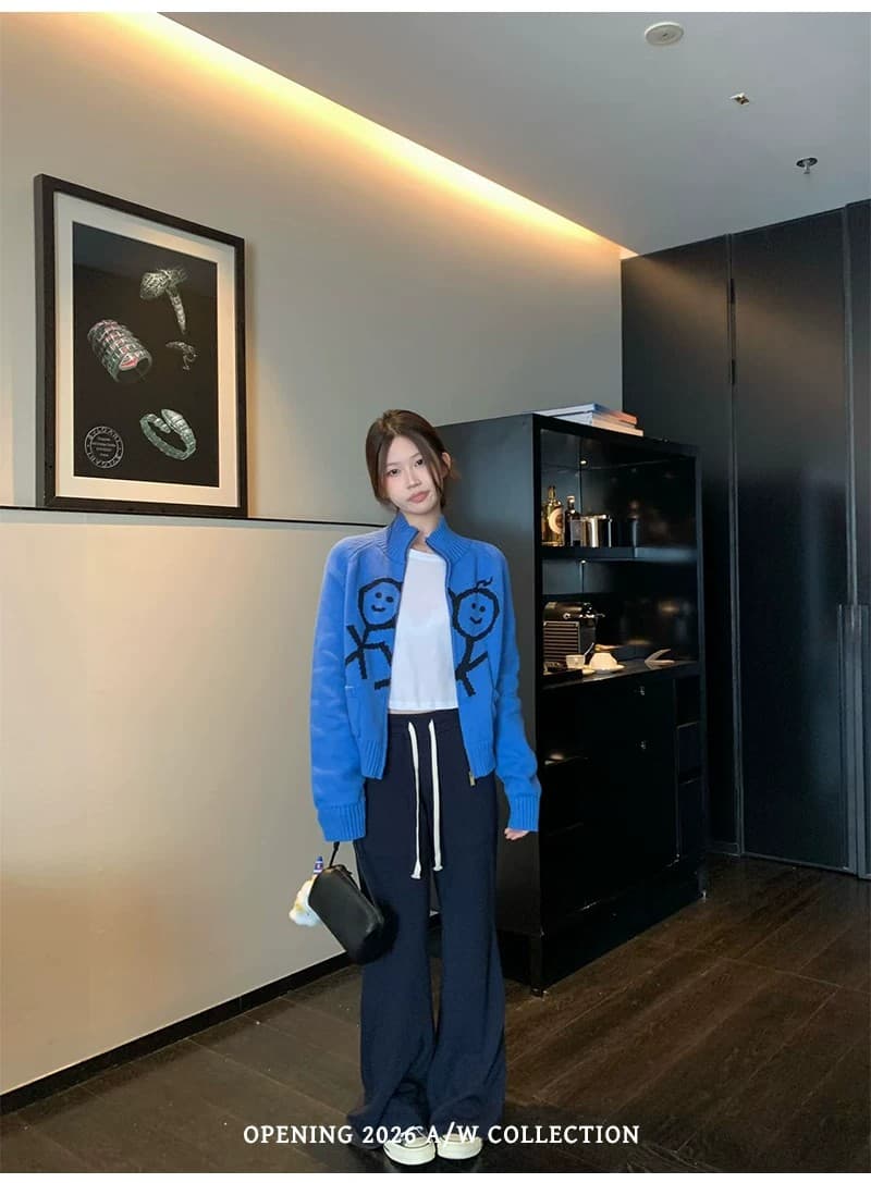 스탠드 칼라 경기 사람들 자카드 지퍼 스웨터 코트 상세 이미지 17