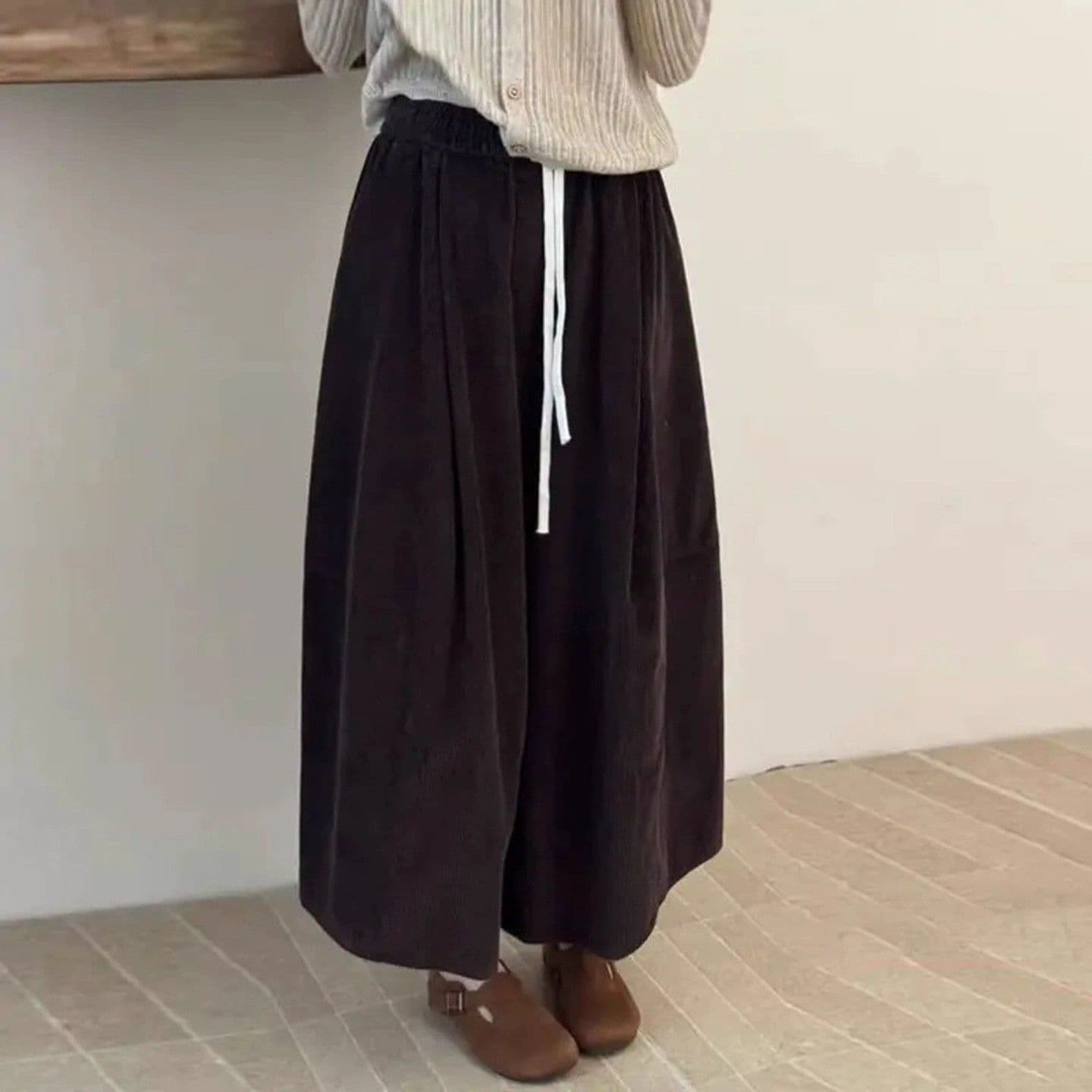 가을 겨울철 새로운 여덟 9 포인트 대 와이드 레그 팬츠 루즈핏 슬림해 보이는 다용도 표지 고기 출퇴근 품격 허리밴드 바지 한 이미지 3