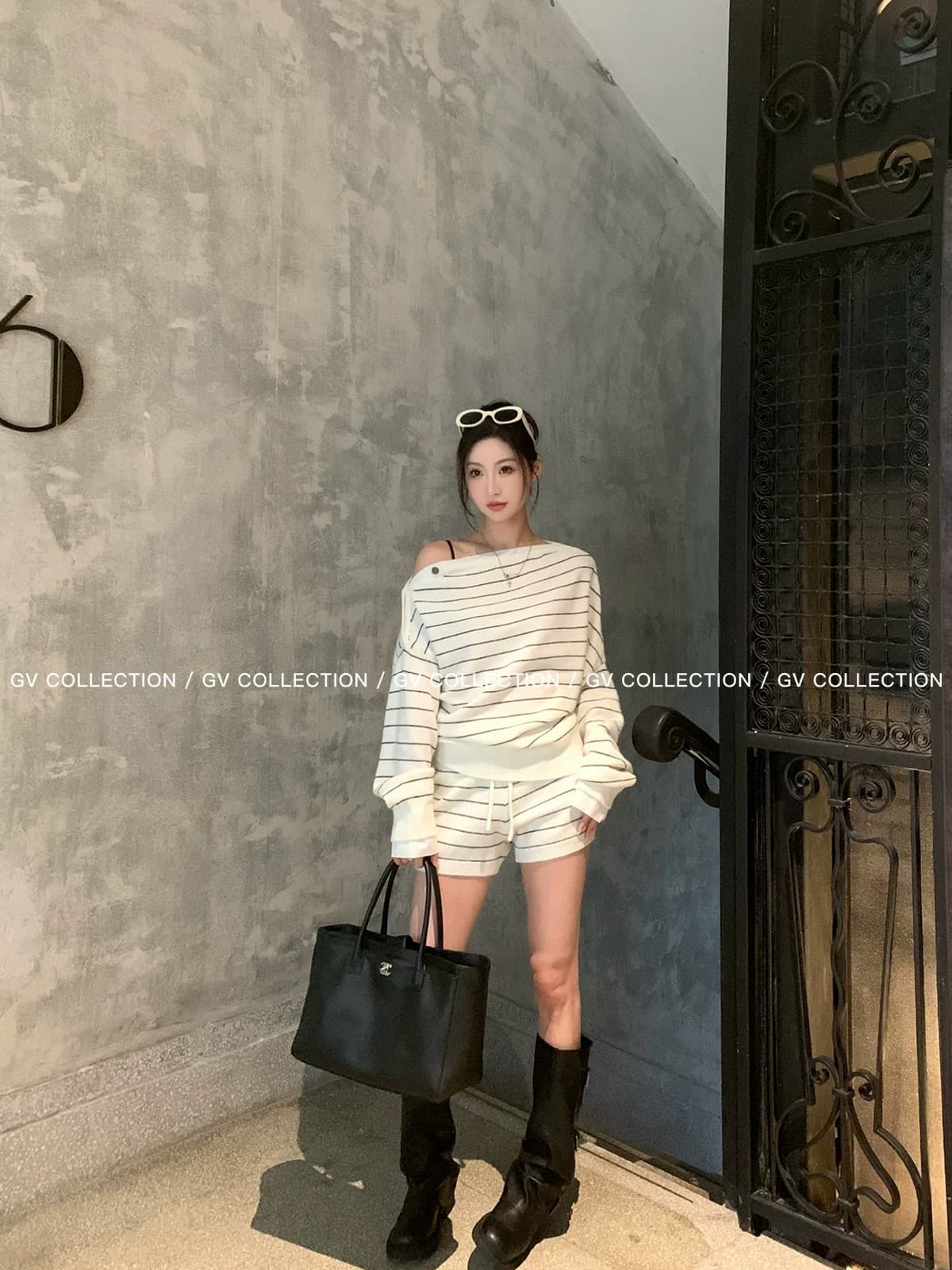 패션 세트 여성 2026 가을 겨울철 새로운 한 부서 스트라이프 비스듬한 어깨 니트 루즈핏 슬림해 보이는 느긋한 바람 투피스 세트 상세 이미지 11
