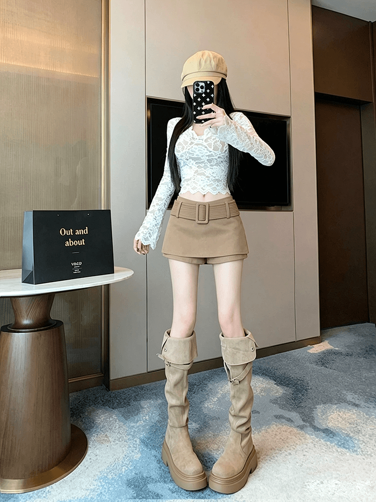 실사 가을 겨울 새로운 핫걸 순수한 욕망 초단 부츠 팬츠 와이드 벨트 미니 스커트 노출 방지 타이트 스커트 상세 이미지 11