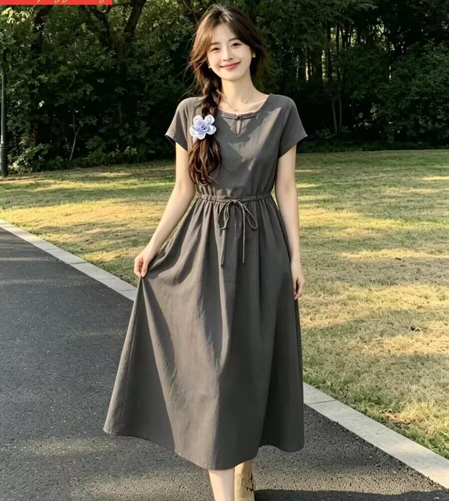 면 린넨 여성 드레스 여름 2026 년 새로운 여성 의류 반팔 슬림해 보이는 올해 인기 중간 길이 폭발 치마