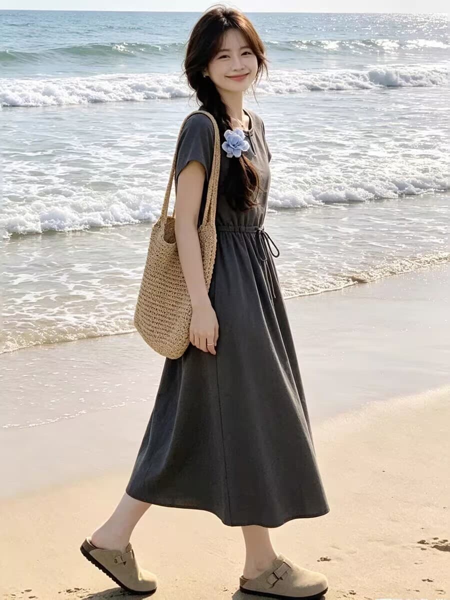 면 린넨 여성 드레스 여름 2026 년 새로운 여성 의류 반팔 슬림해 보이는 올해 인기 중간 길이 폭발 치마 이미지 4