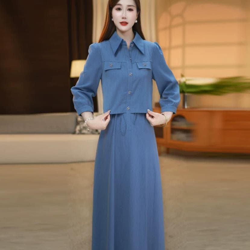 광저우 열세 개 여성 의류 폭발 드레스 2026 슈퍼 화재 슬림해 보이는 표지 배 마이크로 지방 셔츠 칼라 작은 키 치마 상세 이미지 1