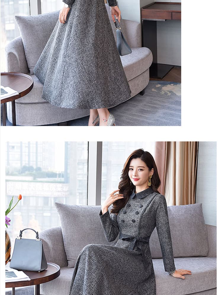 고급 센스 봄 가을 긴팔 셔츠 여성 드레스 2026 새로운 허리 수축 슬림해 보이는 품격 폴로 칼라 무릎 아래 길다 치마 상세 이미지 11