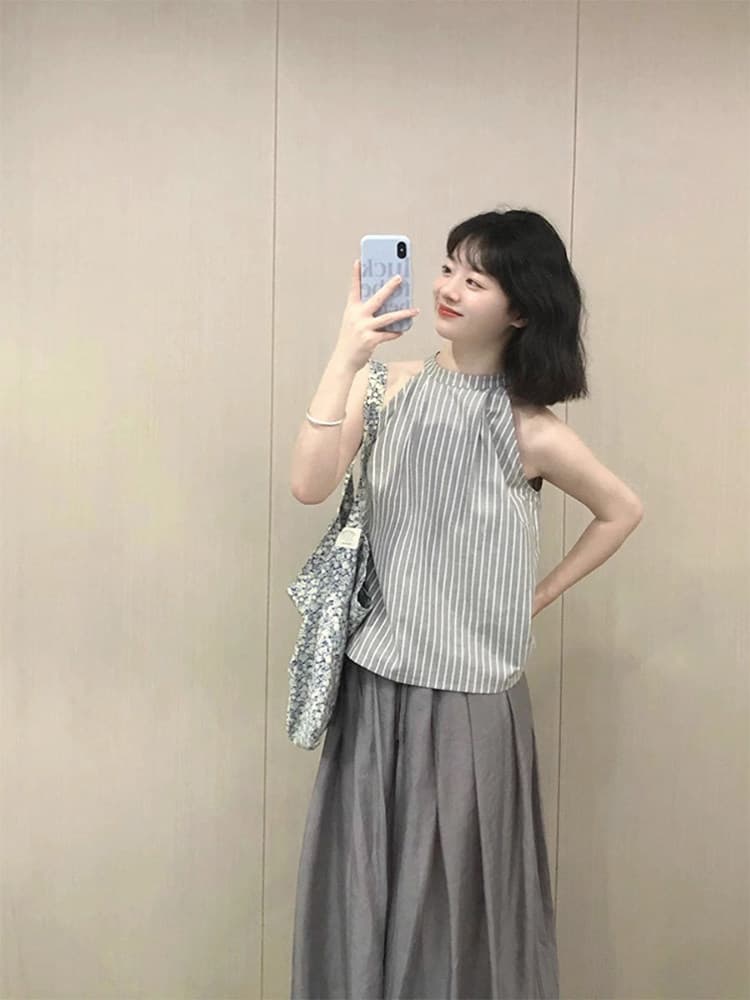 일본식 레트로 작은 대중 오프숄더 행침 목 캐미솔 여름 외국 가스 Chic 루즈핏 캐주얼 스트라이프 민소매 맨위 이미지 3