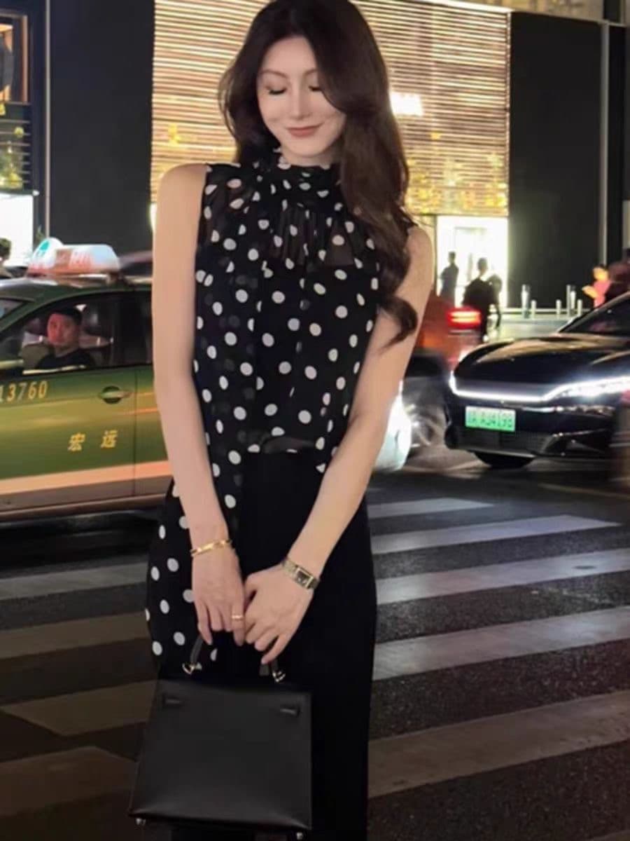 프랑스식 검정색 도트 무늬 시폰 셔츠 여성 2026 새로운 여름 품격 레이스업 얇은 스타일 민소매 조끼 Tulle 맨위 이미지 4