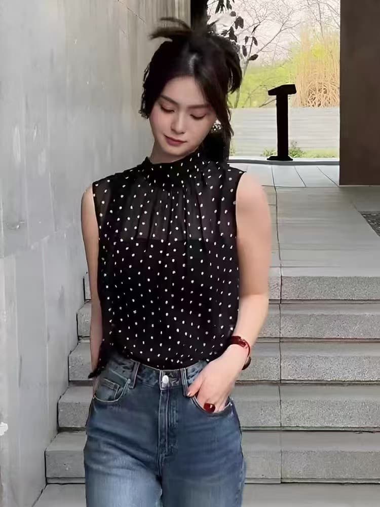 그는 벤 바람 고급 센스 검정색 도트 무늬 레이스업 민소매 시폰 셔츠 여성 여름 고유 한 Chic 아름다운 조끼 맨위 이미지 4