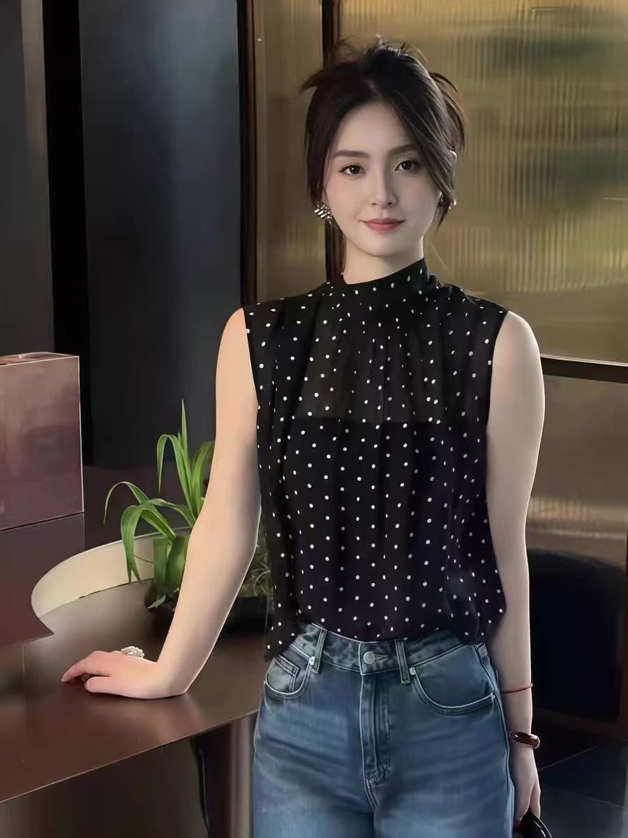 그는 벤 바람 고급 센스 검정색 도트 무늬 레이스업 민소매 시폰 셔츠 여성 여름 고유 한 Chic 아름다운 조끼 맨위 이미지 2