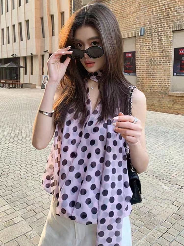 프랑스식 도트 무늬 쉬폰 민소매 여성 셔츠 여름 얇은 스타일 몸매 가꾸기 레트로 연령 감소 외국 가스 작은 셔츠 리본 Chic 맨위 이미지 3