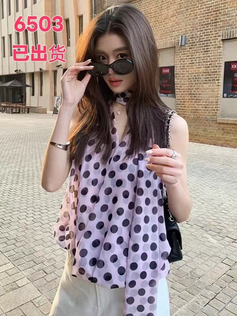 프랑스식 도트 무늬 쉬폰 민소매 여성 셔츠 여름 얇은 스타일 몸매 가꾸기 레트로 연령 감소 외국 가스 작은 셔츠 리본 Chic 맨위