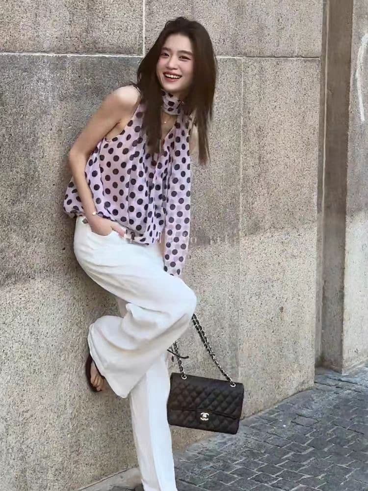 프랑스식 도트 무늬 쉬폰 민소매 여성 셔츠 여름 얇은 스타일 몸매 가꾸기 레트로 연령 감소 외국 가스 작은 셔츠 리본 Chic 맨위 이미지 4