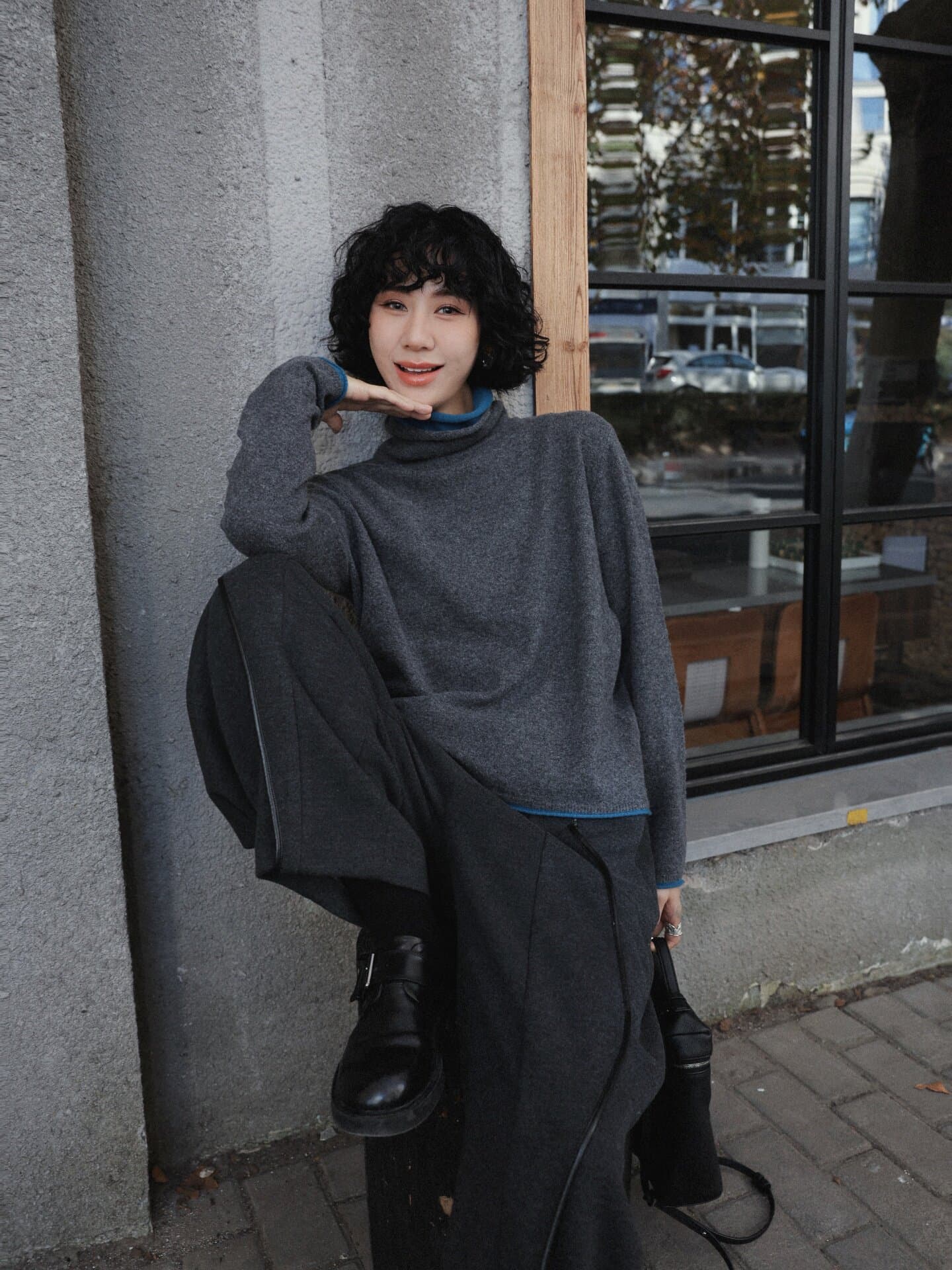 배색 페이크 레이어드 터틀넥 양모 기본 셔츠 여성 봄 인사이드 잡아라. 의류