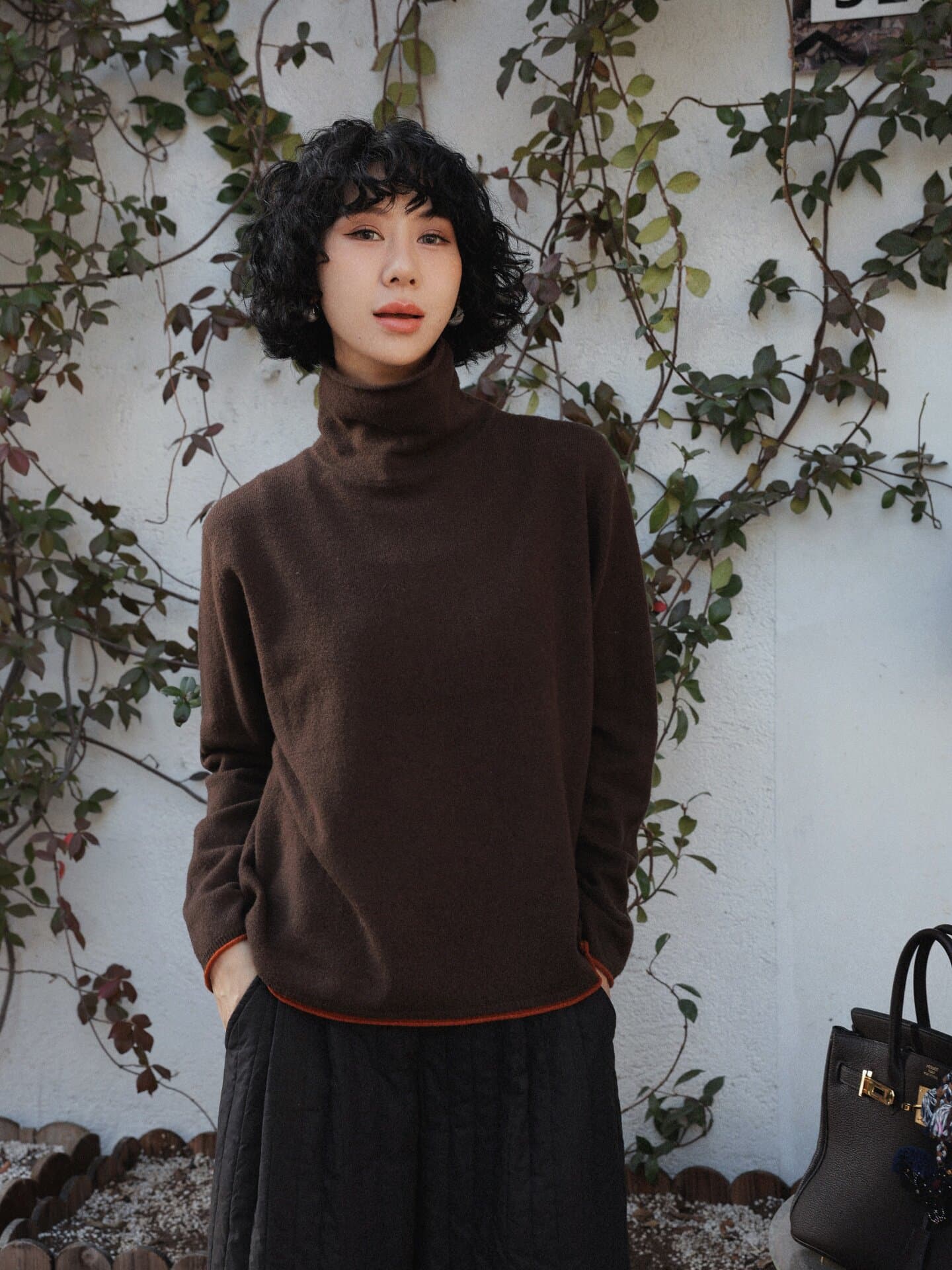 배색 페이크 레이어드 터틀넥 양모 기본 셔츠 여성 봄 인사이드 잡아라. 의류 이미지 2