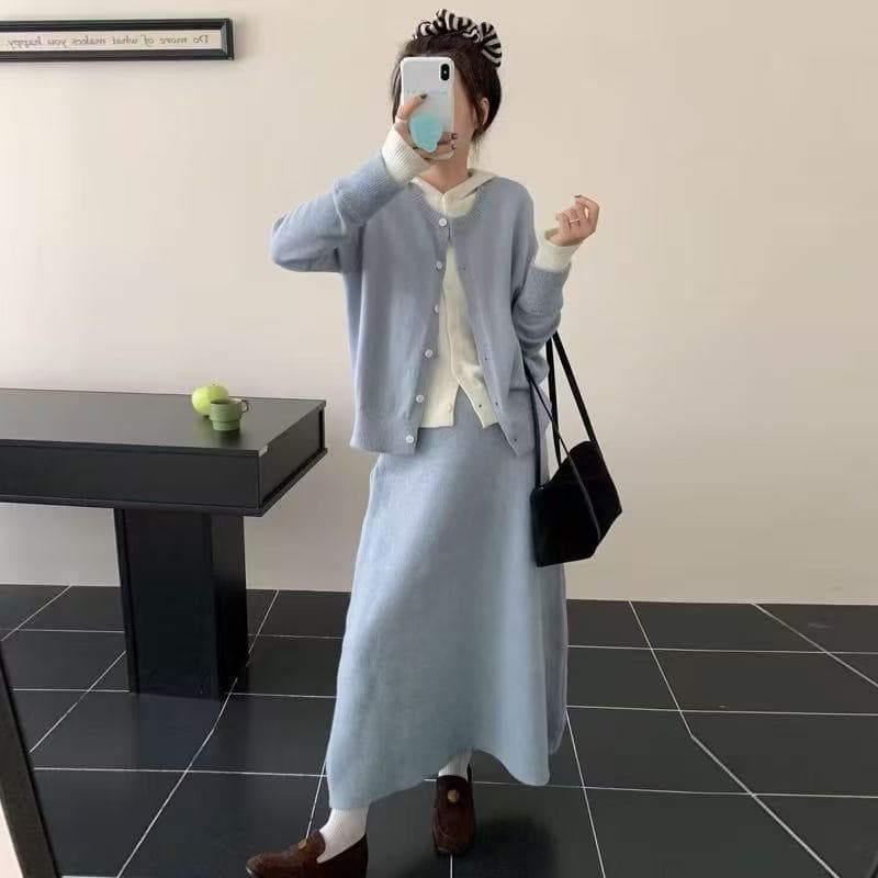 한국 스타일 패션 페이크 레이어드 후드 니트 오픈 가디건 롱 코트 반신 치마 세트 2025 가을 겨울 새로운 품격 투피스 세트 상세 이미지 2